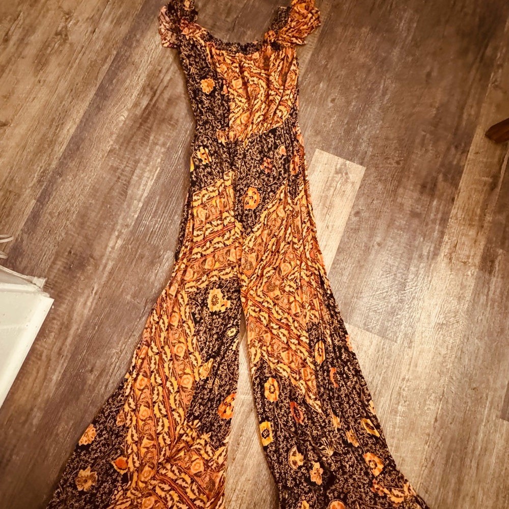 Free People Bohemian Floral Jumpsuit - Orange and Black